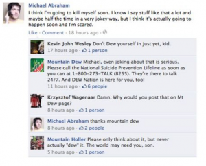 Brand Mountain Dew gives suicide hotline number to a fan who posted a suicidal status