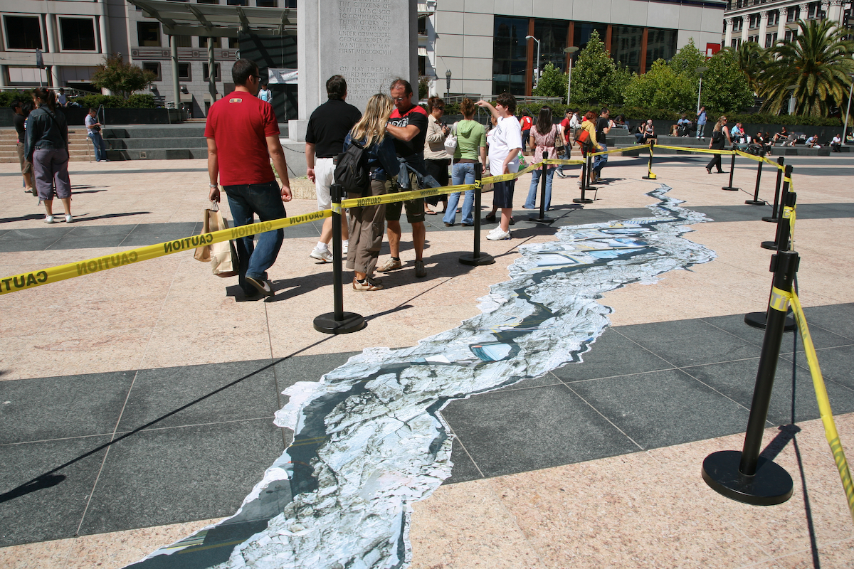 square in san fran gets huge crack in pavement stones from earthquake