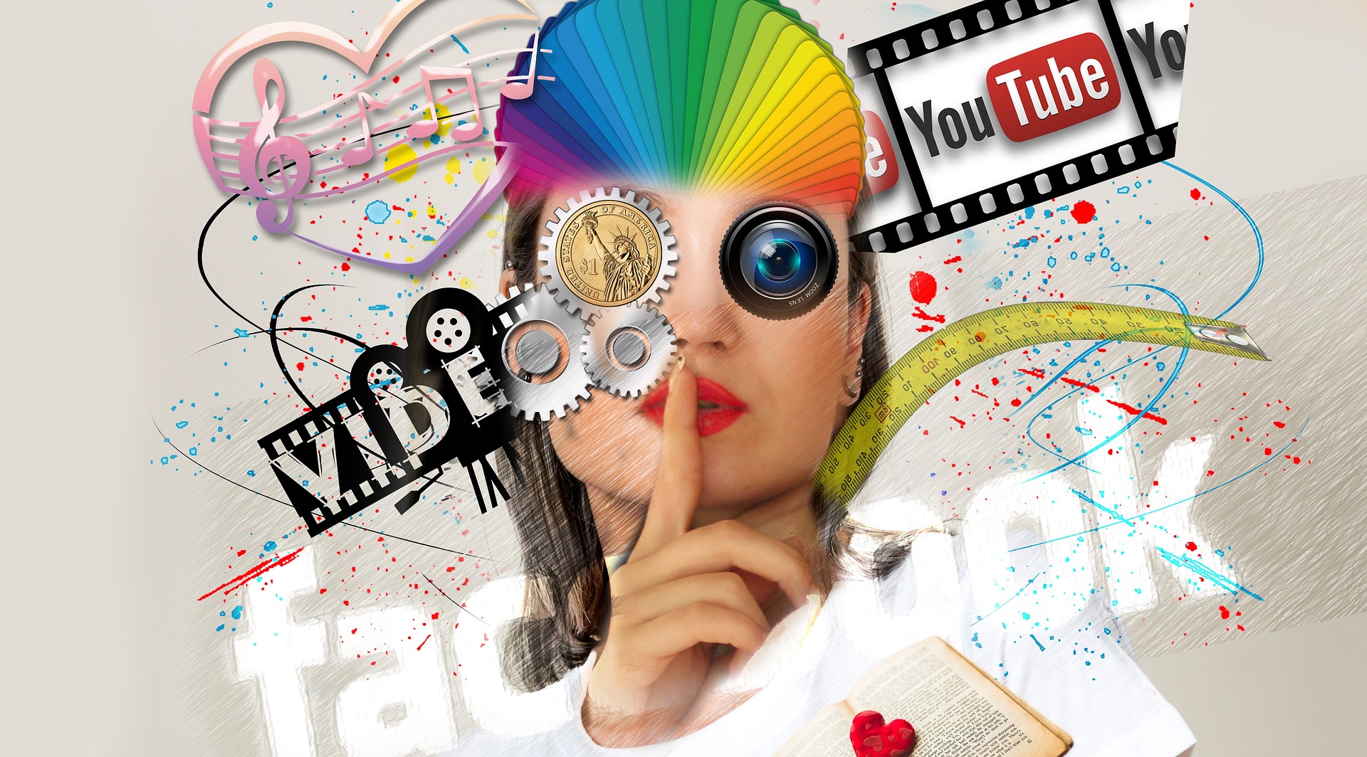 collage of different colors of a woman holding a finger to her lips. she is surrounded by social media logos.