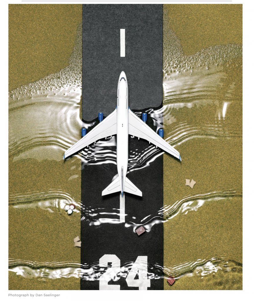 An image of a passenger jet, top-down view, on a runway. The run way is overtaken by water in rippling waves. It is a photo montage credited to Dan Saelinger, from Philadelphia Magazine