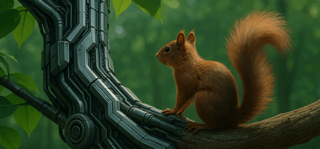 Cute squirrel on a branch of a tree that is half real and half robot, in a lush green forest.