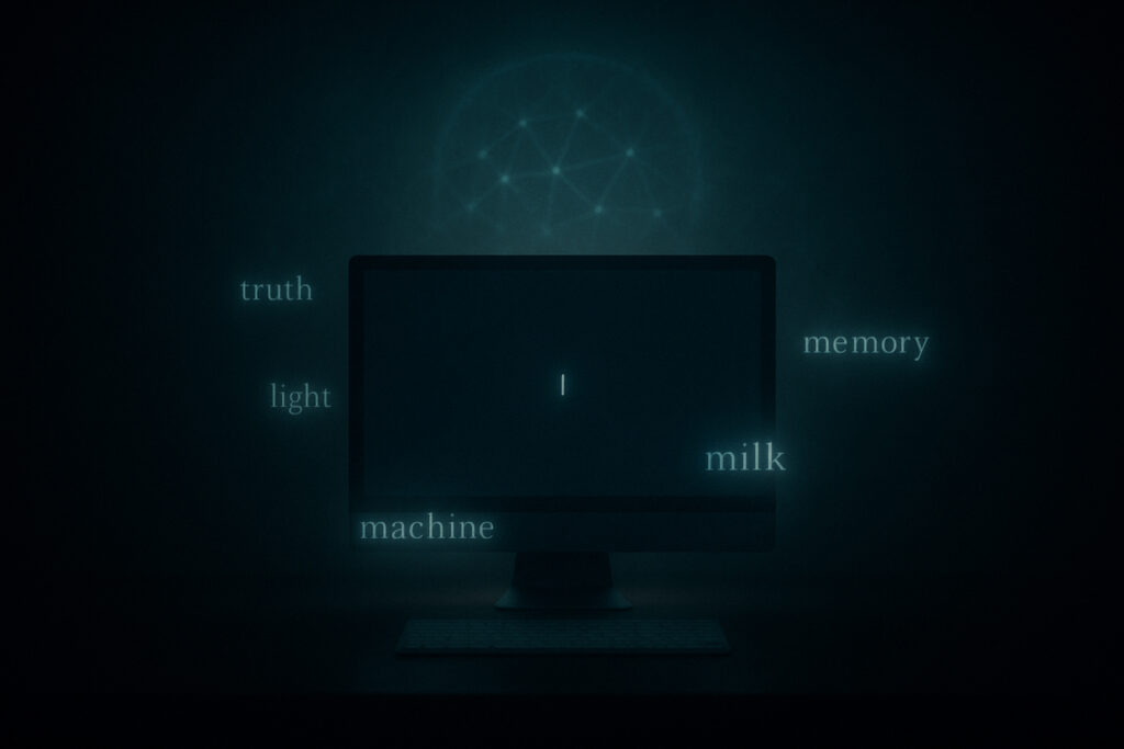In a dark room, a black monitor screen holds only one vertical cursor. A neural network looms behind it. In faded writing almost like ghosts, the next predictive word floats outside of the computer. Truth, light, machine, milk, memory hover above, as if waiting to be chosen next.