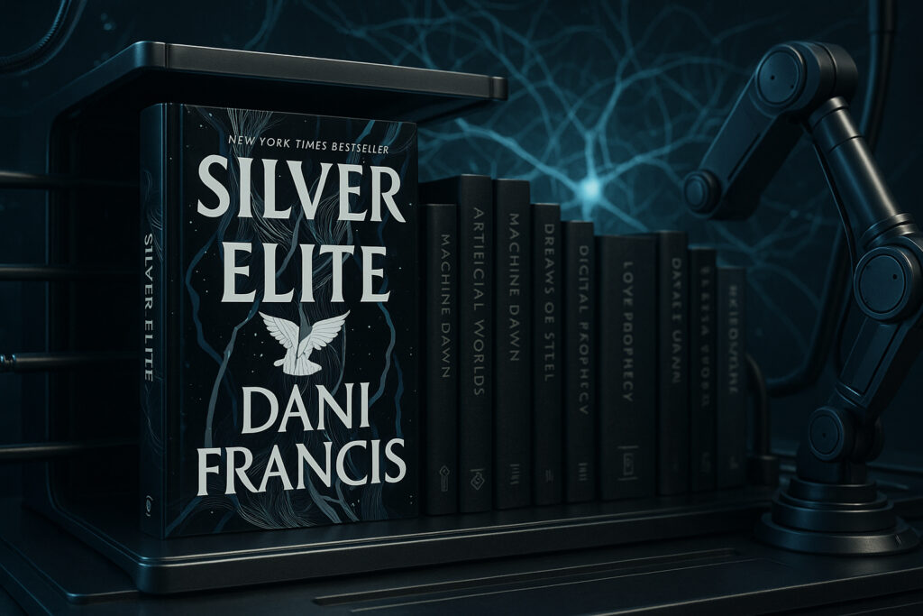 This is the book Silver Elite's cover, on a bound book on a shelf with other titles: "Machine Dawn" "Artificial Worlds" "Machine Dawn" "Dreams of Steel" "Digital Prophecy" "Love Prophecy" and 3 other unreadable titles. There is a black machine arm on the shelf too.